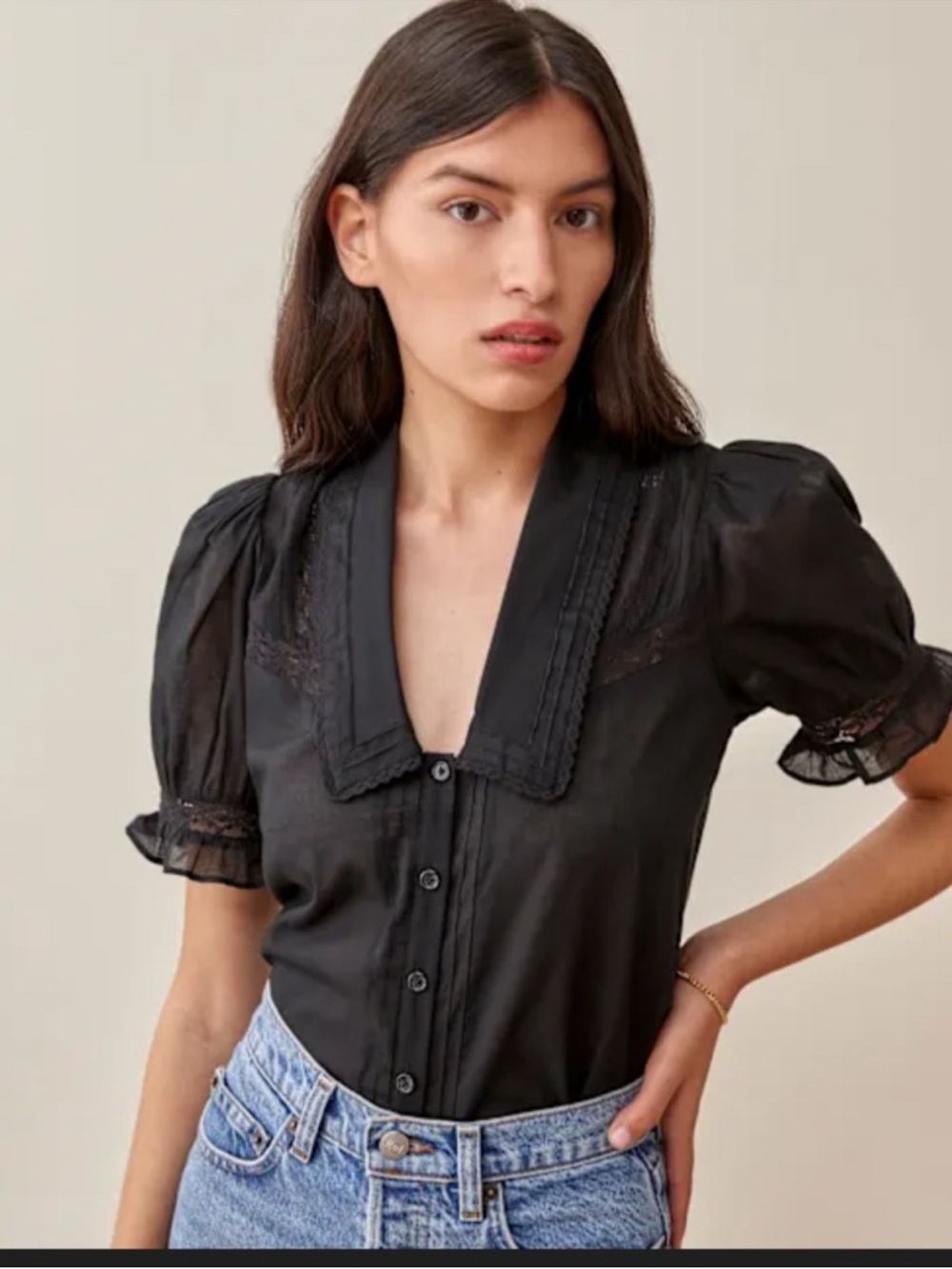 Reformation Black Short Puff Sleeve Button Blouse Hara Top
